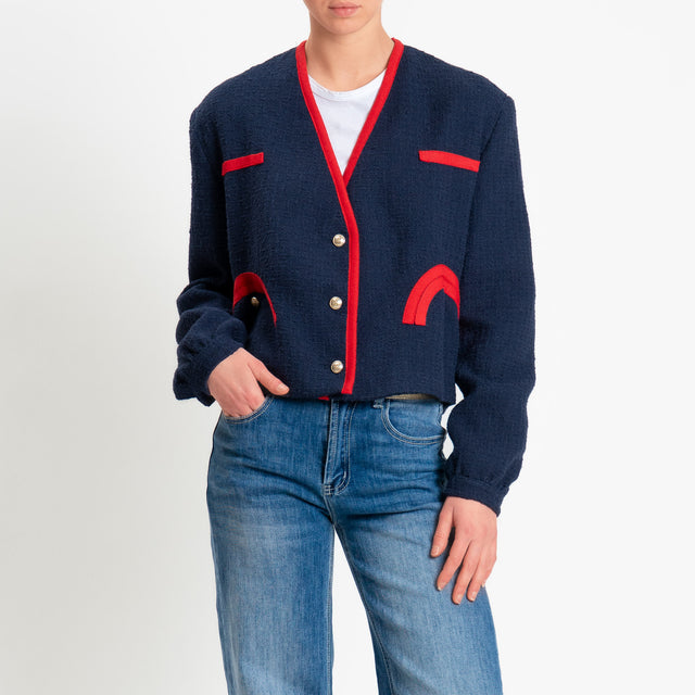 Tensione in-Giacca bouclè bottoni dorati - blu/rosso