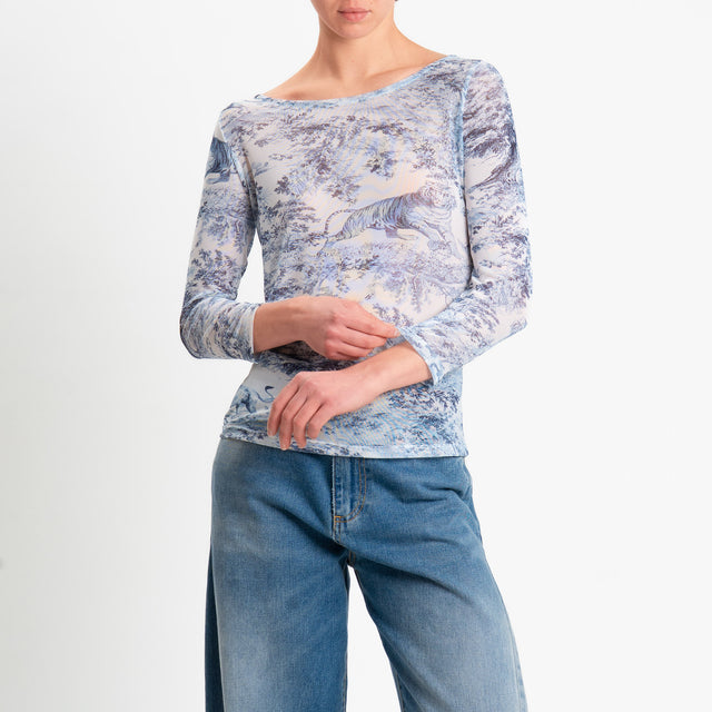 Tensione in-Blusa tulle elasticizzato fantasia - jeans/latte