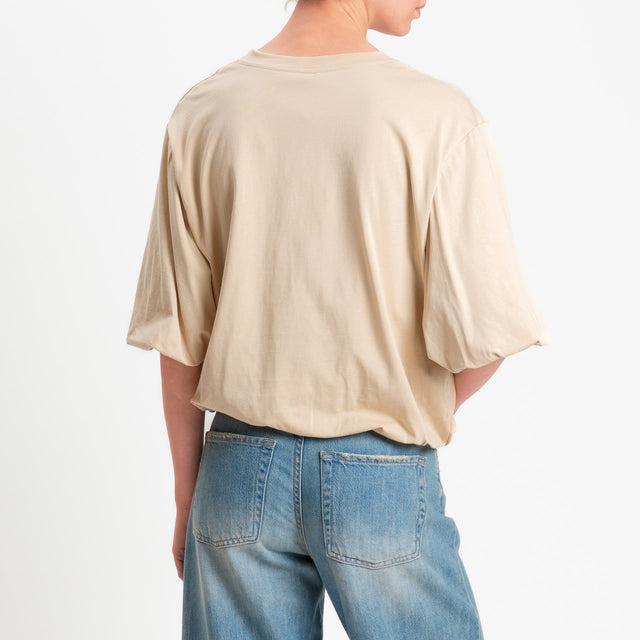 Tensione in-T-shirt bicolore elastico in vita con applicazione in pizzo - beige/nero/burro