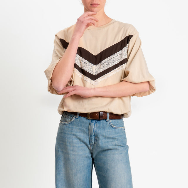 Tensione in-T-shirt bicolore elastico in vita con - beige/moro/burro