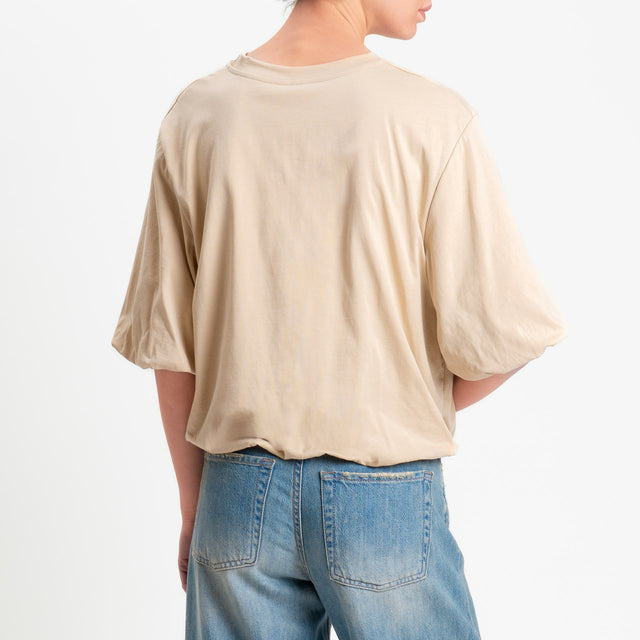 Tensione in-T-shirt bicolore elastico in vita con applicazione in pizzo - beige/moro/burro