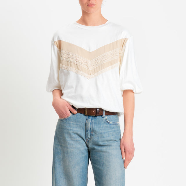 Tensione in-T-shirt bicolore elastico in vita con - panna/beige/burro