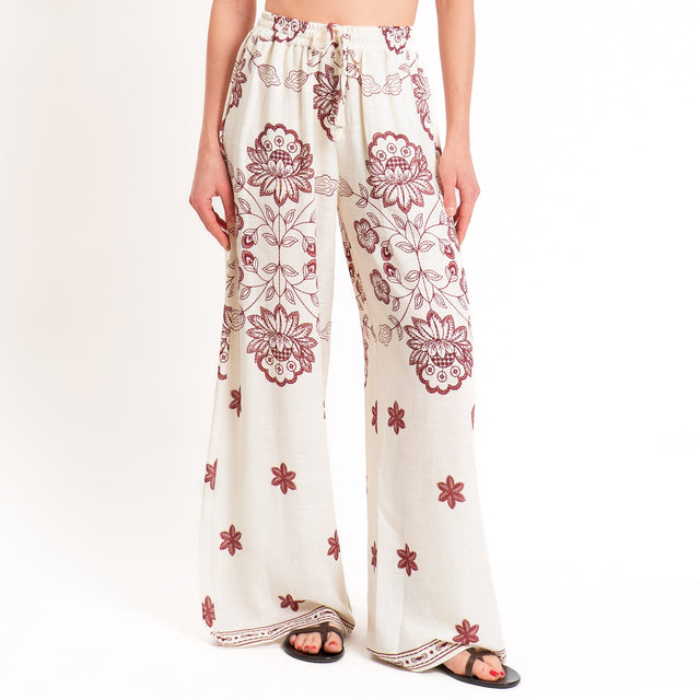 Tensione in-Pantalone floreale misto lino con coulisse - burro/india