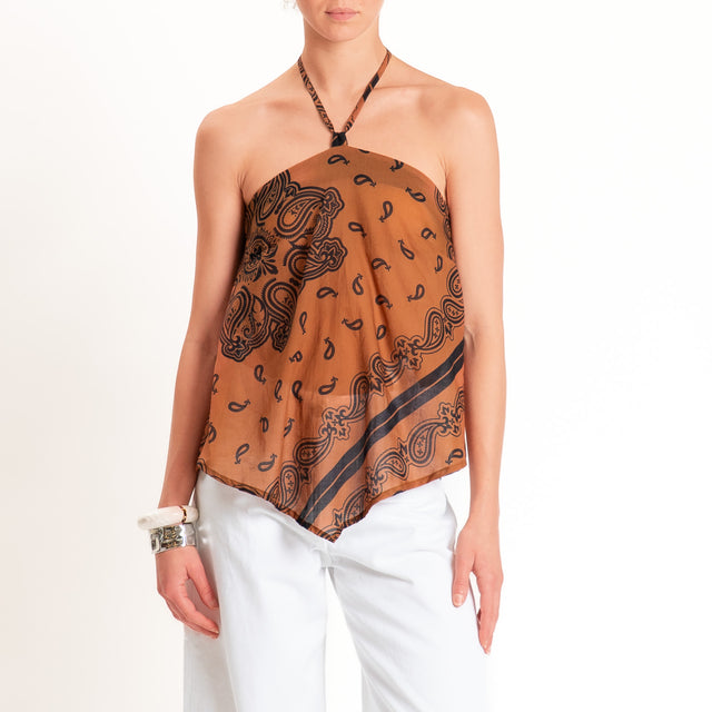 Tensione in-Top mussola fantasia scollo halter - tabacco/nero