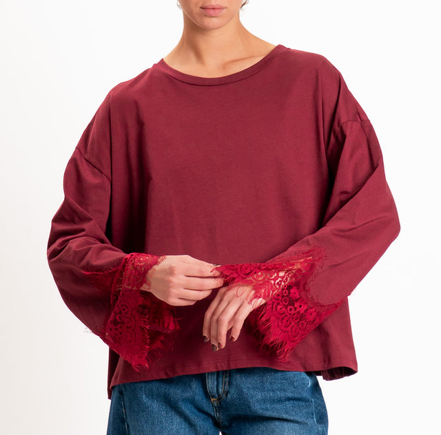 Tensione in-T-shirt oversize girocollo con maniche - bordeaux/bordeaux