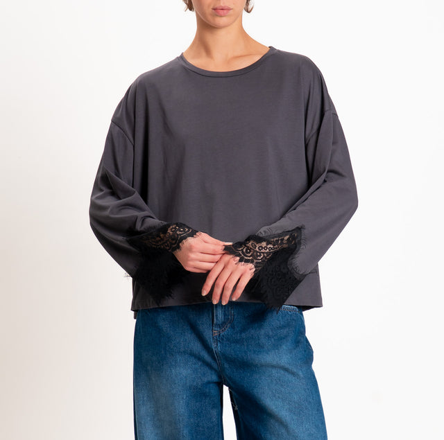 Tensione in-T-shirt oversize girocollo con maniche - piombo/nero