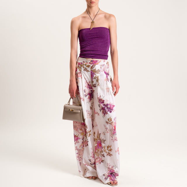Tensione in-Pantalone mussola fantasia floreale - latte/viola/rosa