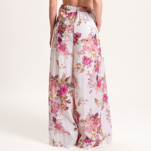 Tensione in-Pantalone mussola fantasia floreale - latte/viola/rosa