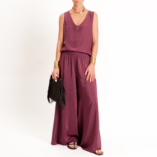 Tensione in-Pantalone misto lyocell wide leg elastico in vita - vino