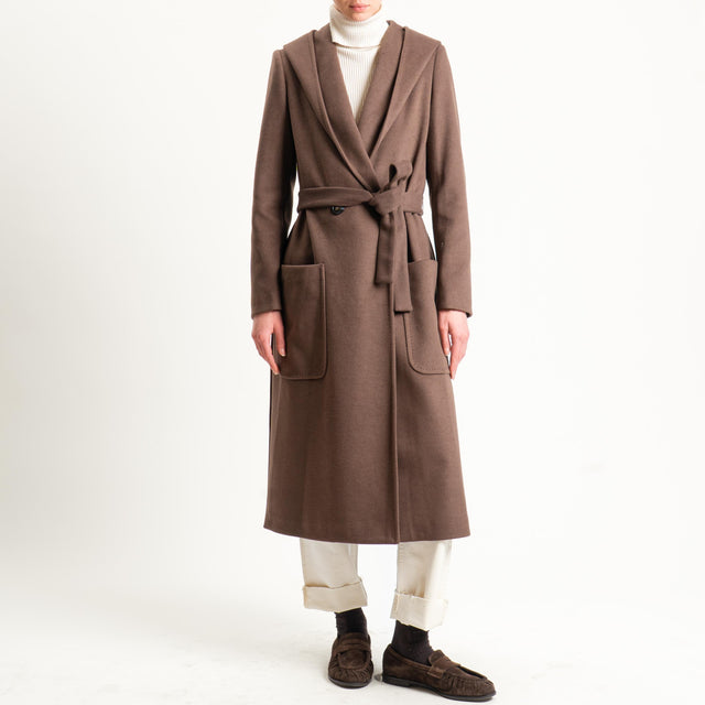 Tensione in-Cappotto doppiopetto con cappuccio - moro