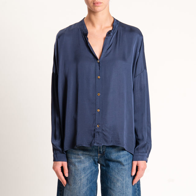 Tensione in-Camicia satin collo coreana bottoni dorati - blu