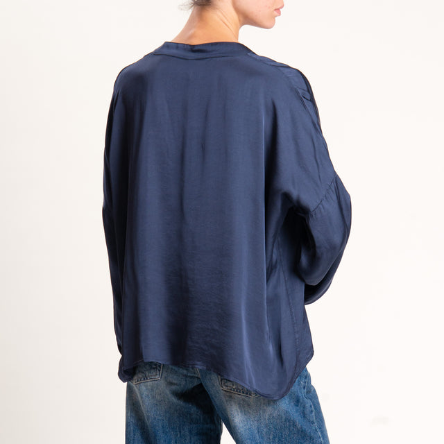 Tensione in-Camicia satin collo coreana bottoni dorati - blu