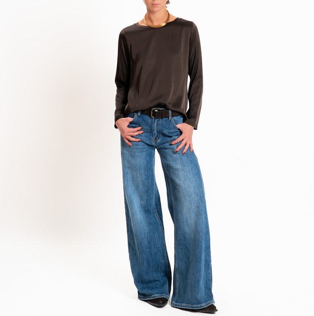 Tensione in-Blusa satin elasticizzato manica lunga - moka