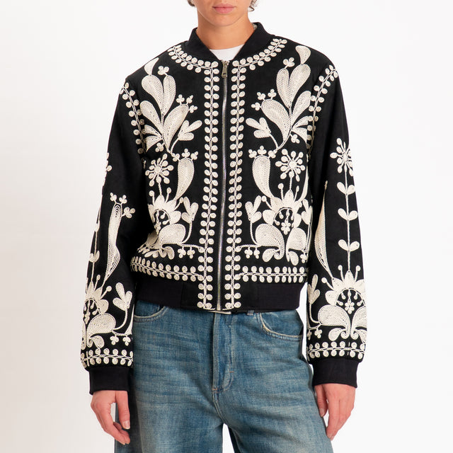 Tensione in-Bomber ricamato effetto suede - nero/burro