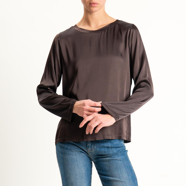 Tensione in-Blusa girocollo in satin elasticizzato - moro
