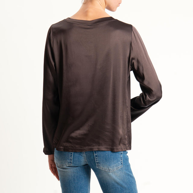 Tensione in-Blusa girocollo in satin elasticizzato - moro