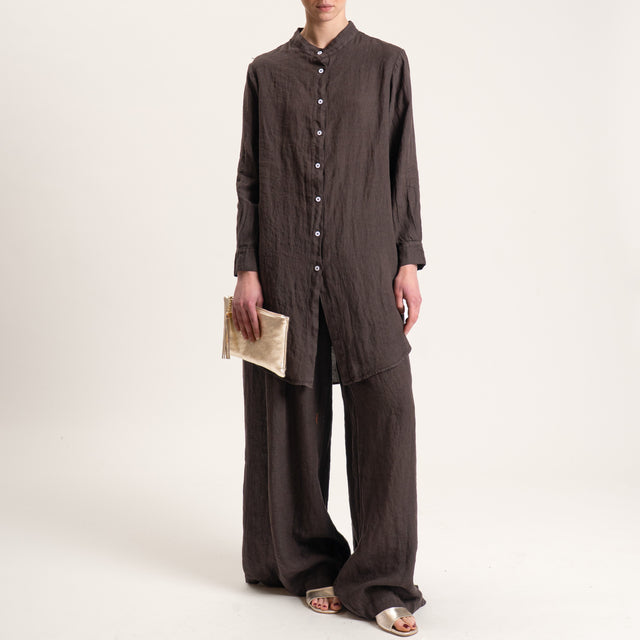 Tensione in-Camicia oversize in lino con spacchi laterali - moro