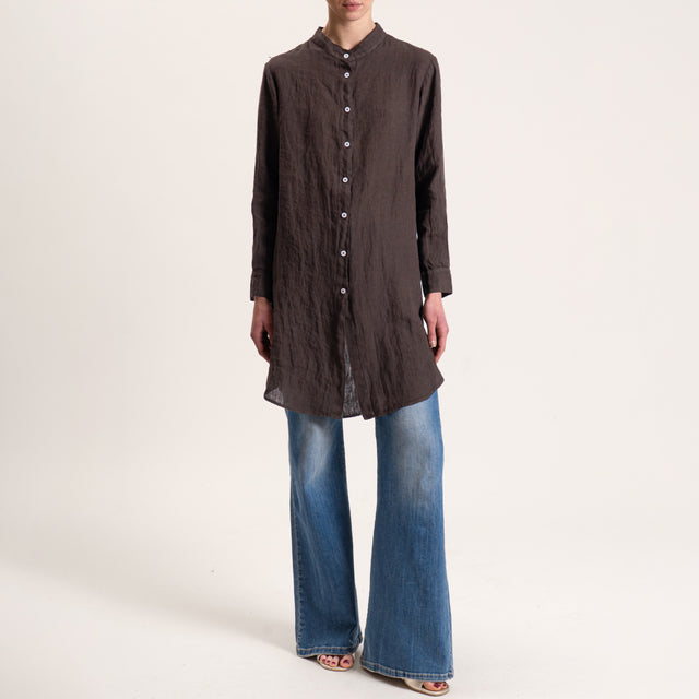 Tensione in-Camicia oversize in lino con spacchi laterali - moro