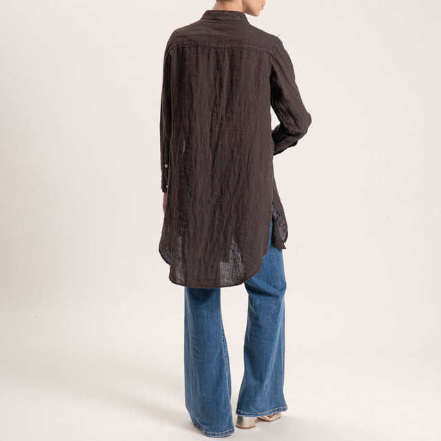 Tensione in-Camicia oversize in lino con spacchi laterali - moro