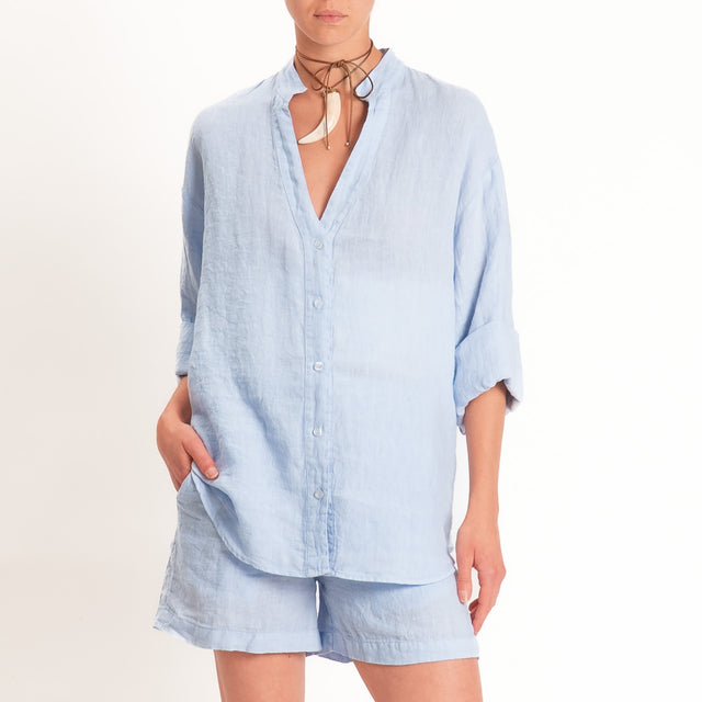 Tensione in-Camicia 100% lino collo coreana - azzurro