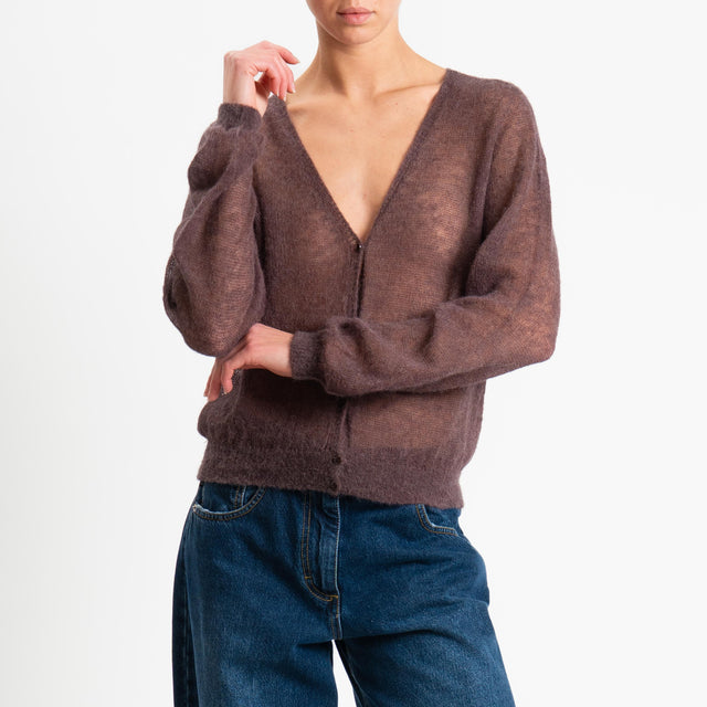 Tensione in-Cardigan scollo v mohair garzato - moro