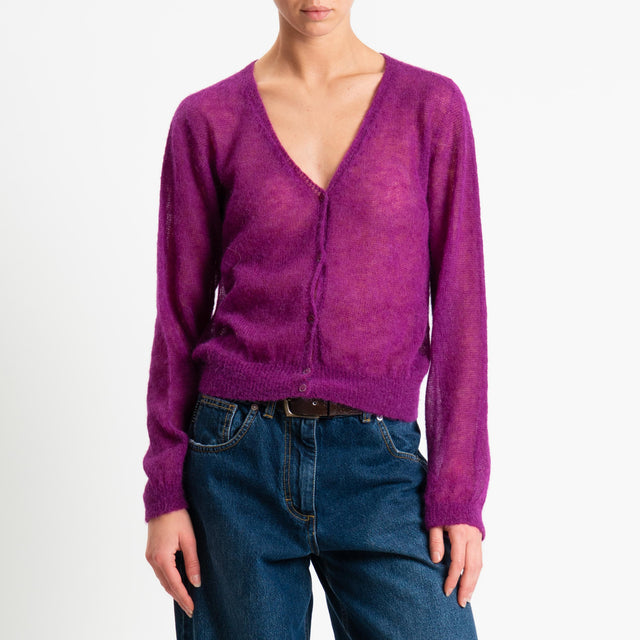 Tensione in-Cardigan scollo v mohair garzato - orchidea