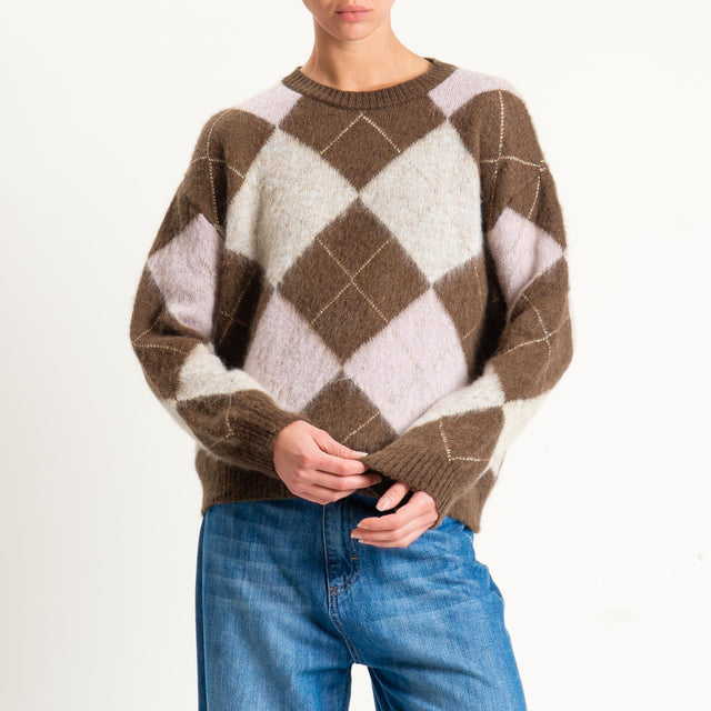 Tensione in-Maglia mohair rombi - cioccolato/rosa/burro