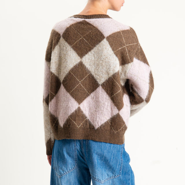 Tensione in-Maglia mohair rombi - cioccolato/rosa/burro