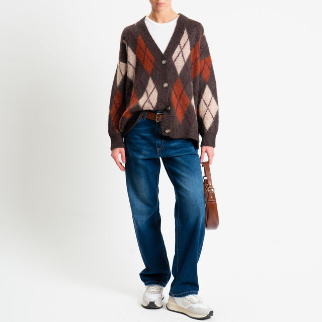 Tensione in-Cardigan rombi argyle misto alpaca - camel/moro/bruciato