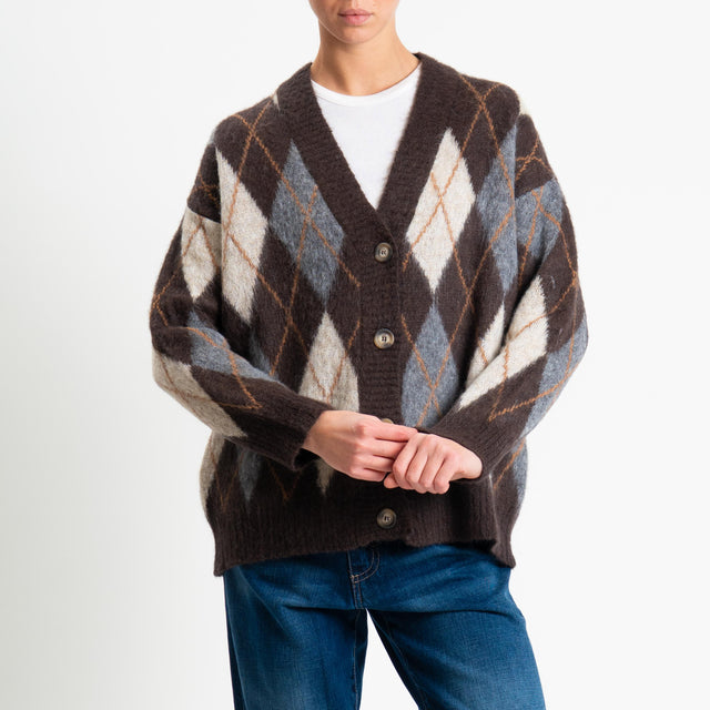 Tensione in-Cardigan rombi argyle misto alpaca - cioccolato/burro/grigio