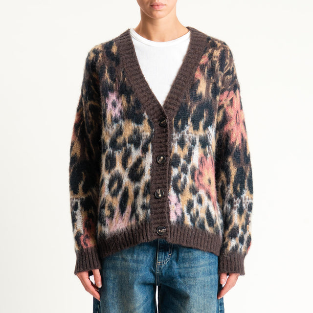 Tensione in- Cardigan misto alpaca animalier - rosa/moro/nero