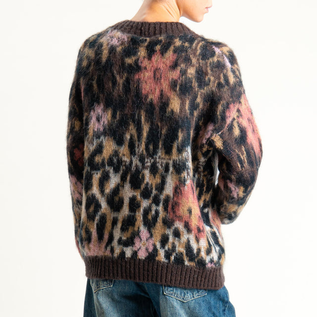 Tensione in- Cardigan misto alpaca animalier - rosa/moro/nero