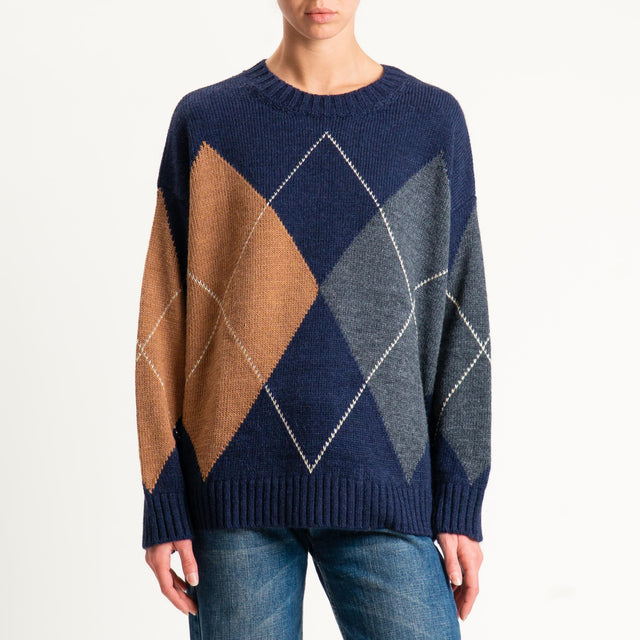 Tensione in-Maglia rombi misto alpaca - blu/camel/grigio