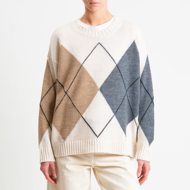 Tensione in-Maglia rombi misto alpaca - burro/camel/grigio