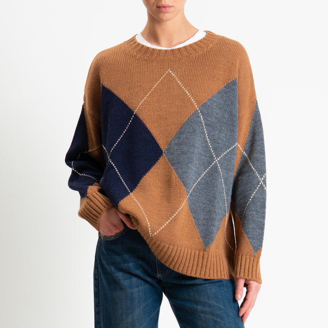 Tensione in-Maglia rombi misto alpaca - camel/blu/grigio