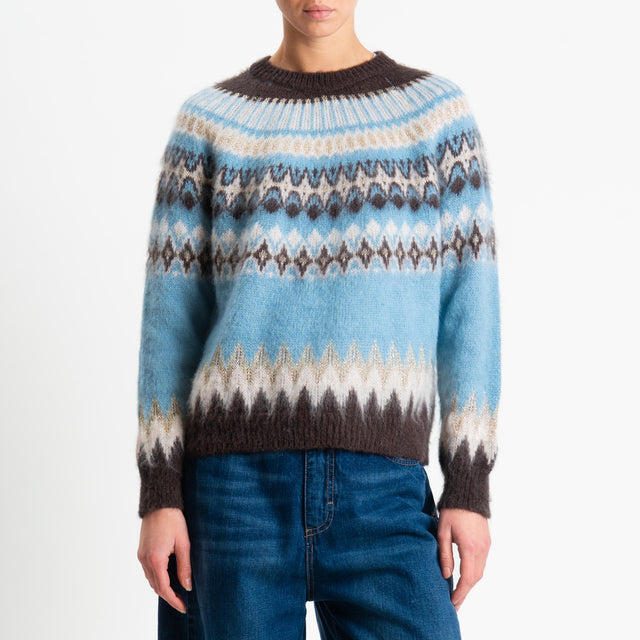 Tensione in-Maglia jacquard mohair fairisle - moro/ecru/azzurro