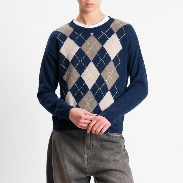 Tensione in-Maglia rombi misto cashmere - blu/casha/castoro