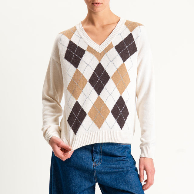 Tensione in-Maglia rombi argyle misto cashmere scollo v - burro/moro/cuoio