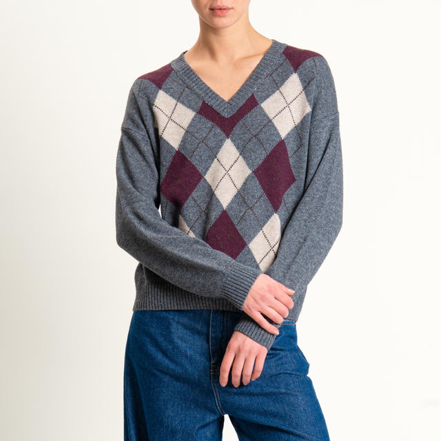 Tensione in-Maglia rombi misto cashmere scollo v - antracite/bordeaux/beige