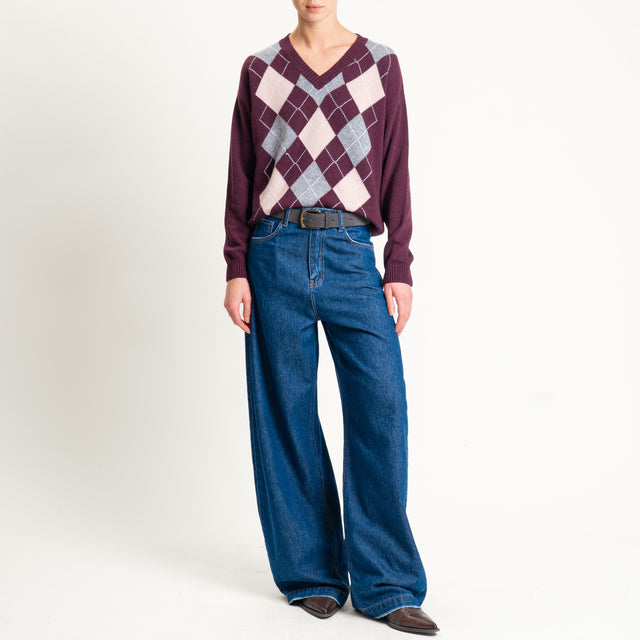 Tensione in-Maglia rombi misto cashmere scollo v - bordeaux/grigio/rosa