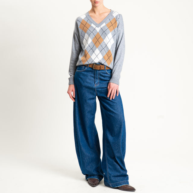 Tensione in-Maglia rombi misto cashmere scollo v - grigio/latte/cuoio