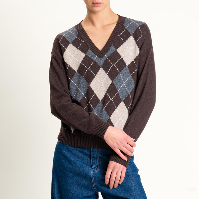 Tensione in-Maglia rombi misto cashmere scollo v - marrone/biege/antracite