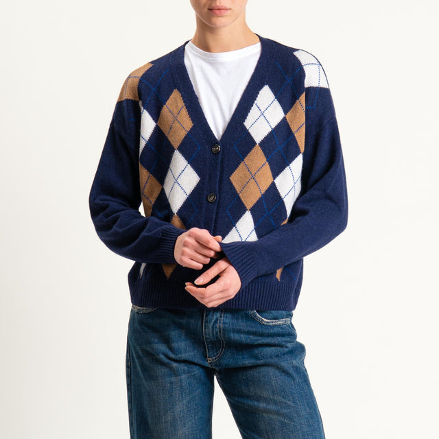Tensione in-Cardigan rombi misto cashmere - blu/cuoio/latte