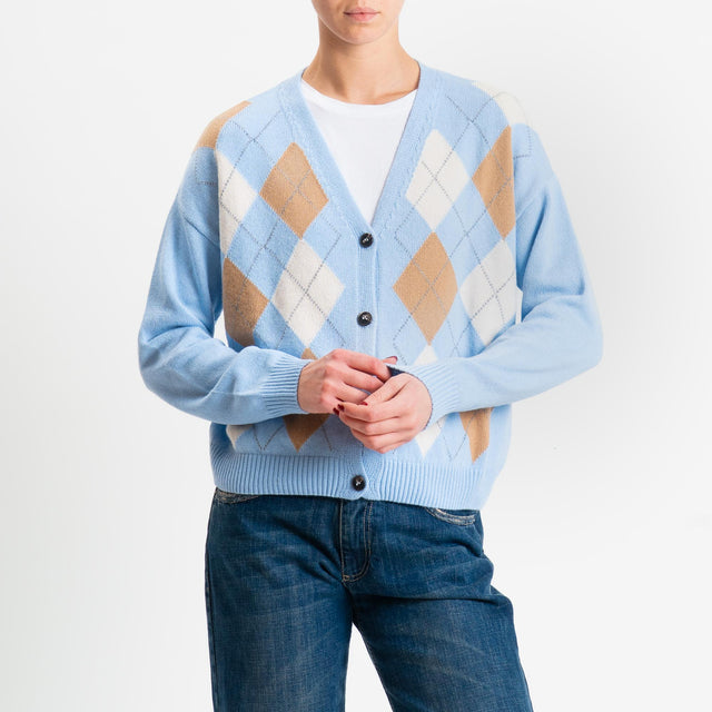 Tensione in-Cardigan rombi misto cashmere - azzurro/camel/burro