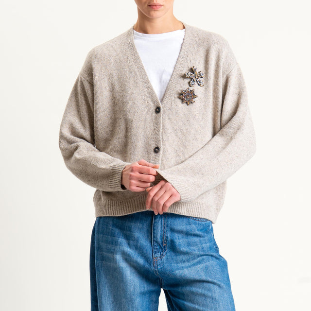 Tensione in-Cardigan misto LANA/SETA melange con spille - beige