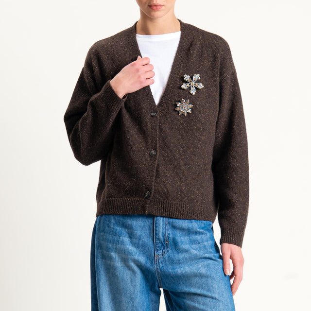 Tensione in-Cardigan misto LANA/SETA melange con spille - cioccolato