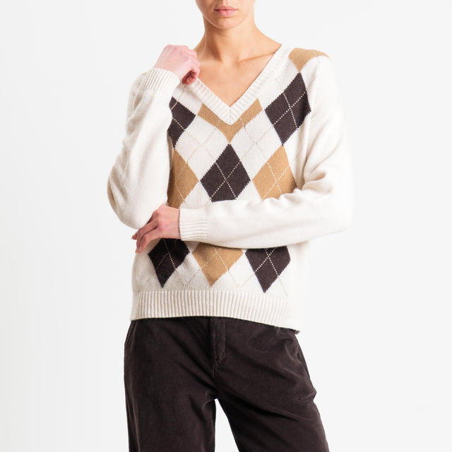 Hilo de lúrex con mezcla de cachemira y rombos de tensión en punto - mantequilla/marrón oscuro/camel/dorado