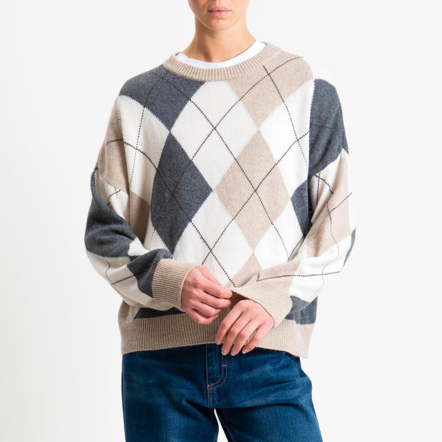 Tensione in-Maglia rombi argyle misto cashmere - casha/panna/antracite