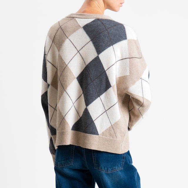 Tensione in-Maglia rombi argyle misto cashmere - casha/panna/antracite