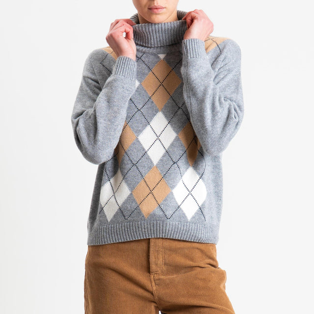 Tensione in-Maglia collo alto rombi argyle misto cashmere - grigio/latte/cuoio
